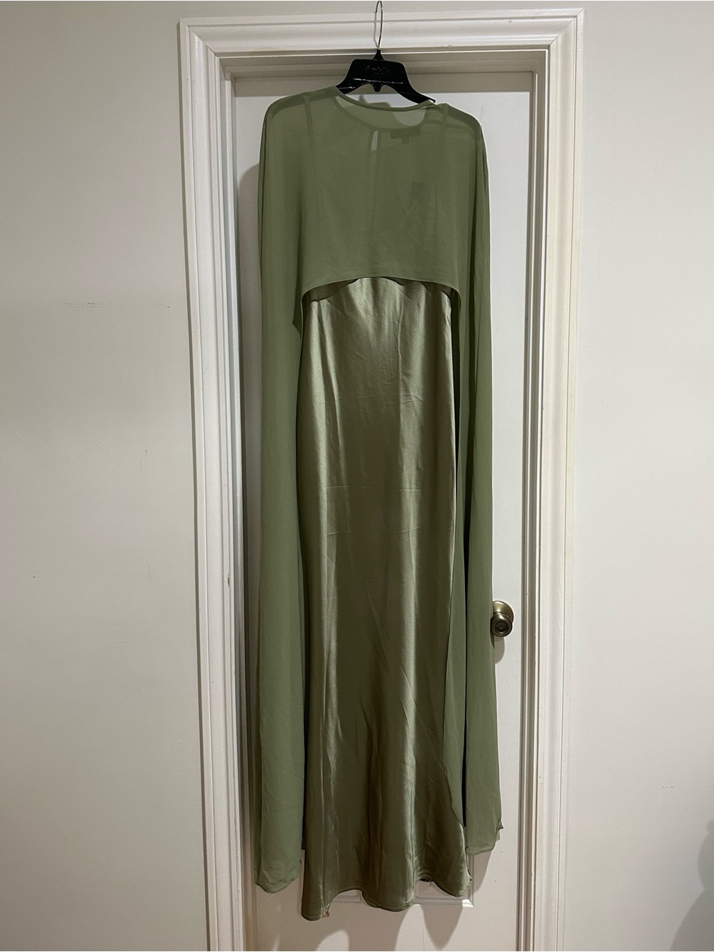 Lulu's sage Green satin slip Dress with cape